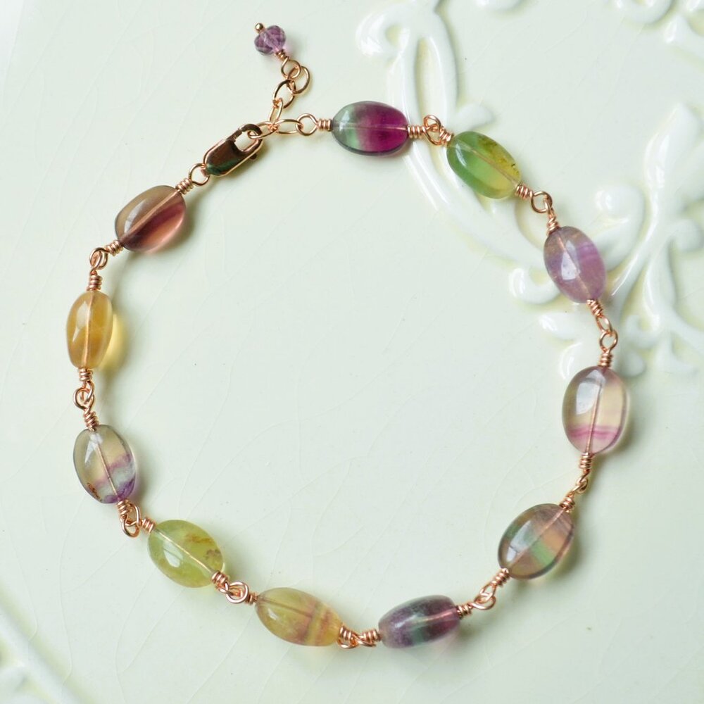 Fluorite Gemstone Bracelet in Rose Gold - Handmade